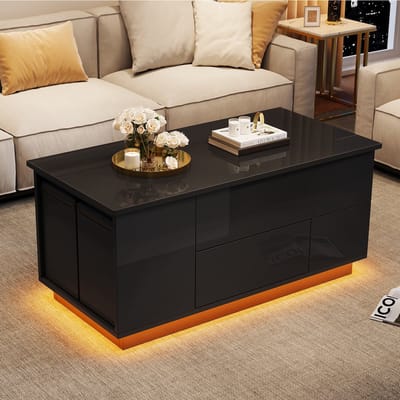 100x50x45 cm vier-in-één verstelbare salontafel met LED-verlichting - met 2 lades - inclusief bank en 2 krukken - met opbergruimte - zwart