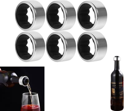 6 stuks - RVS wijnfleskap - Druppelring voor wijnfleskap - Anti-druppelring voor rode wijn - Lekvrije ring voor wijnflessen - Lekvrije accessoires voor wijn - Lekvrij en morsbestendig - Geschikt voor kamperen, picknicks en buitenfeesten
