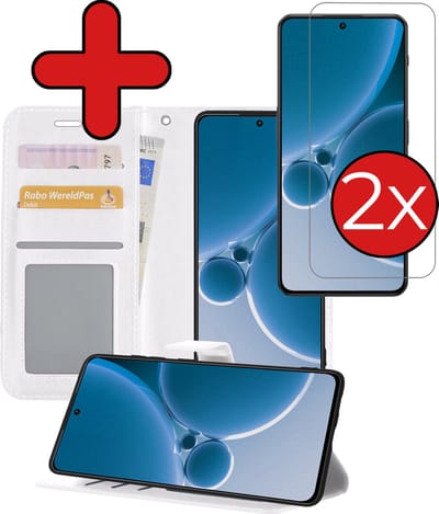 Hoesje - Met 2x Screenprotector - Geschikt voor OnePlus Nord 3 - Luxe Pasjeshouder - Flip Case - Bookcase Portemonee - Kunstleer Book Case - Flipcase Hoes - Book Cover - Walletcase - Portemonneehoes - Telefoonhoes - Wit