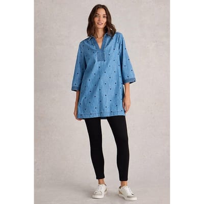 White Stuff Blaire Denim Embroidered Tunic Mid Denim Size: 10 REGULAR | Blouses Outlet | Dames | Blauw
