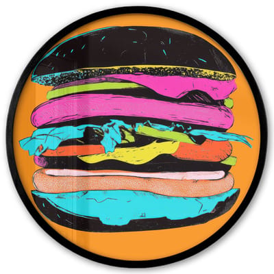 Poster in lijst Rond - Fotolijst 40x40 cm - Posters - Hamburger - Kleurrijk - Speels - Ronde posterlijst zwart - Decoratie - Wanddecoratie woonkamer - Muurdecoratie slaapkamer