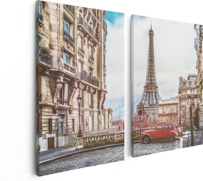 Artaza Canvas Schilderij Tweeluik Eiffeltoren In Parijs Met Een Rode Kever Auto - 80x60 - Foto Op Canvas - Canvas Print