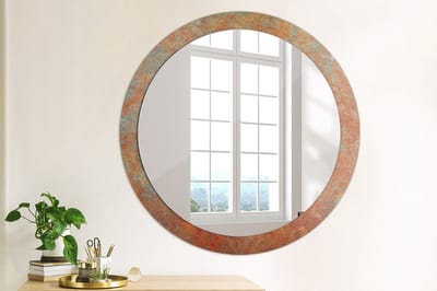 Wallfluent Bedrukte Ronde Spiegel - Ronde Spiegel Met Decoratie Roestig Metaal - 90 cm / 76 cm - Oranje - Oranje Ronde Spiegel Lijst Met Print - Woonkamerspiegel - Inloopkastspiegel - Hal - Eenvoudige installatie