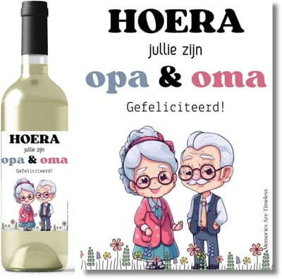 Wijnetiket Opa & Oma – Hoera, Gefeliciteerd! – Kleinkind geboren