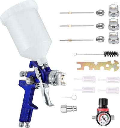 Professionele HVLP Spuitpistool voor Verf met 600 ml Plastic Bekers en Luchtdrukregelaar, Inclusief 3 Nozzles van 1.4 mm, 1.7 mm en 2 mm voor Precisie Verfwerkzaamheden