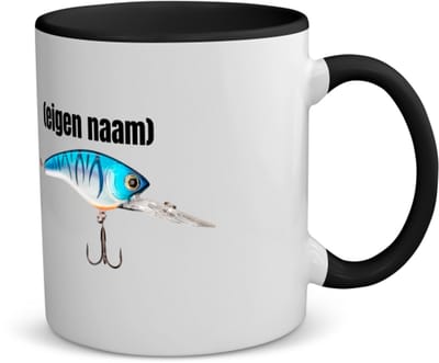 Akyol - visser haak met aas met eigen naam koffiemok - theemok - zwart - Vissen - liefhebber van vissen - iemand die houdt van vissen - verjaardag - cadeau - kado - geschenk - 350 ML inhoud