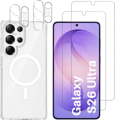Samsung Galaxy S26 Ultra Hoesje backcover Shockproof siliconen Transparant met geïntegreerde magnetische cirkel + 2 gehard glazen screenprotectors + 2 Camera Protector van glas