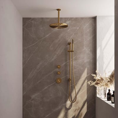 Brauer Gold Carving Thermostatische Regendoucheset Inbouw - Hoofddouche 30 cm - Handdouche Staaf - Doucheslang - Geintegreerde Glijstang - Geborsteld Goud