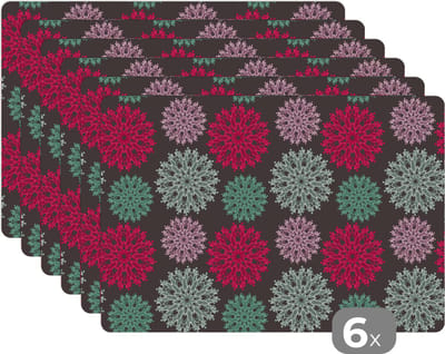 Placemat - Placemats kunststof - Bloemen - Vintage - Roze - Turquoise - Patronen - 45x30 cm - 6 stuks - Hittebestendig - Anti-Slip - Onderlegger - Afneembaar