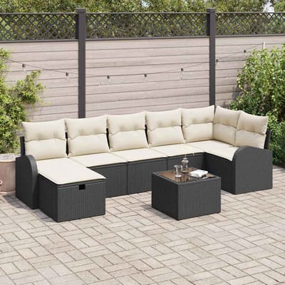 vidaXL Bankstel met kussen met opslag Zwart en Crème poly rattan