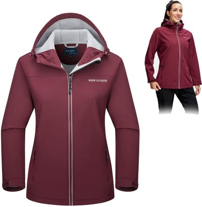 BUBW® Dames Outdoorjas - Softshell Jas met Capuchon - Winddicht & Warme Fleece Voering - Outdoor Ski-jack - Waterdicht - Rood - Maat S
