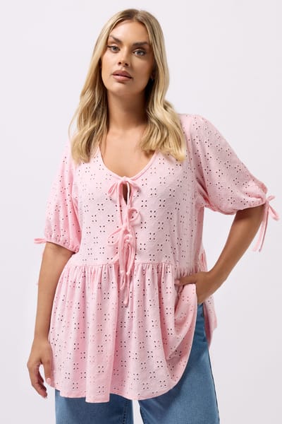 Yours Roze Broderie Anglaise Strik Voorkant Peplum Top Size 42