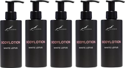 Bodylotion White Lotus 300 ml - met pomp - zwarte fles - set van 5 stuks - Voordeelverpakking