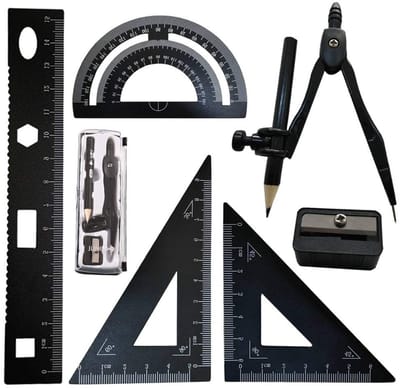 Geometrie set voor wiskunde, 7-delige kit met liniaal, geodriehoek, tekencompas en potlood voor technische tekeningen en studenten