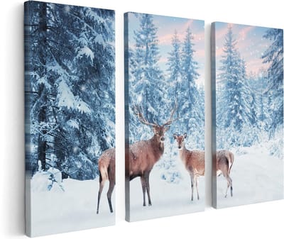 Artaza Canvas Schilderij Drieluik Twee Herten In Het Bos Met Sneeuw - 120x80 - Foto Op Canvas - Canvas Print
