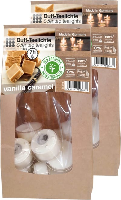 36x Geurtheelichtjes vanille/karamel 7 branduren - Geurkaarsen vanillegeur/karamelgeur - Waxinelichtjes - Eco/milieubewuste kaarsjes
