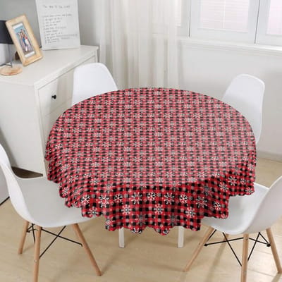 Velvet Tafelkleed Rond Ø140cm - Sneeuwvlokken op rode plaid - Tafelkleden - Tafellaken