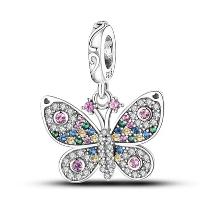 Fler® | Bedel voor populaire bedel armbanden (standaard-3mm) | Kleurrijke vlinder | Hangbedel Charm | 925 | Heldere, roze, groene, gele en blauwe Zirkonia | Emaille | Zwart | Meerkleurig | Armband Kraal | Kerstcadeau | Valentijnsdag Cadeau