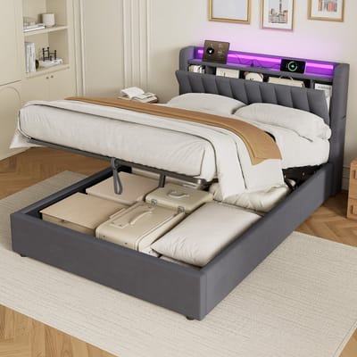 Wishdor Gestoffeerd Bed met LED & USB - Twijfelaar 140x190 cm - Hydraulisch & Verborgen Hoofdbord - Fluweel Grijs
