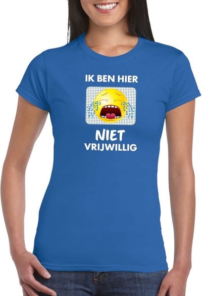 Blauw feest shirt - Ik ben hier niet vrijwillig met emoticon voor dames XS