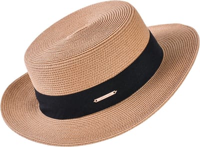 Decopatent - Zonnehoed Dames Rond - Zomerhoed met Zwarte Rand - Strohoed UV - Ø58 cm - Strandhoed Hoofddeksel Rond - Hoed voor Volwassenen - Kleur: Bruin met Zwarte Rand