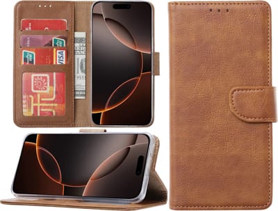 Hoesje Geschikt voor iPhone 16 Pro Max hoesje – portemonnee bookcase met pasjeshouder – Bruin
