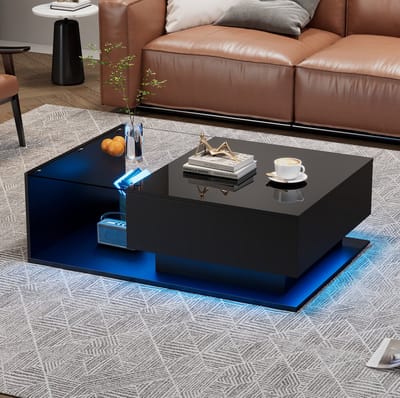 DESMIU Couchtafel - Hoogglans Zwart Met Glazen Blad En Lade - Modern Voor Woonkamer - Spaanplaat En Glas - 100x50x32 Cm