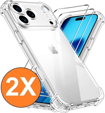 Hoesje Geschikt voor iPhone 17 Pro Max transparant Anti Shock - silicone hoesje met 2 Pack Screenprotector tempered glass