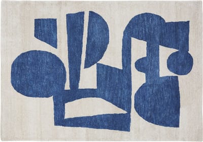 Handgemaakt vloerkleed van wol, linnen en viscose in ecru en blauw 160×230