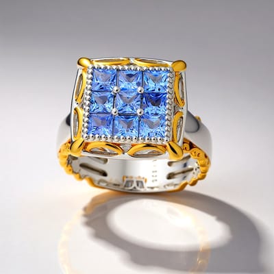 Cavill - Ring 925 Sterling Zilver Palladium - Princess Tanzaniet 0,86 ct - Blauwe Edelsteen - Elegante Damesring met Gouden Rand