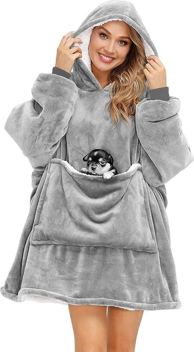 Warme Deken Hoodie Oversized Pluche Fleece met Capuchon en Grote Voorzakken