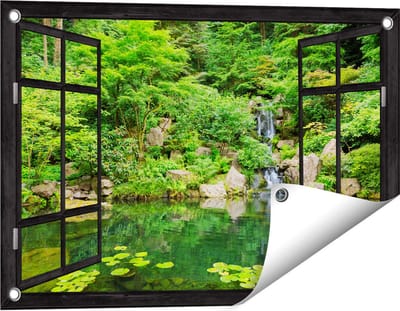 Gards Tuinposter Doorkijk Panorama van Japanse Tuin - 60x40 cm - Tuindoek - Tuindecoratie - Wanddecoratie buiten - Tuinschilderij