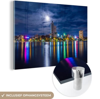 ® Glasschilderij 180x120 cm - Schilderij acrylglas - Hanoi - Skyline - Lichten - Foto op glas - Muurdecoratie woonkamer - Wanddecoratie slaapkamer - Schilderijen