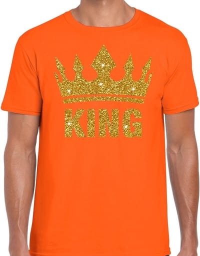 BD Oranje t-shirt - King - gouden glitter letters - kroon - heren - Koningsdag shirt - EK/WK kleding - herenshirt S