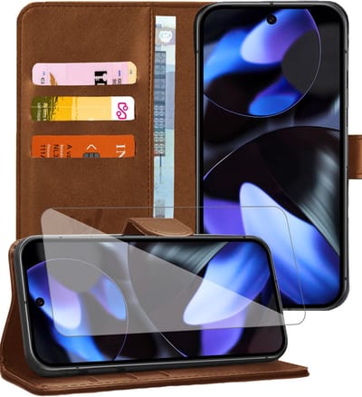 Hoesje geschikt voor Google Pixel 9a - Screenprotector Glas - Portemonnee Book Case Bruin