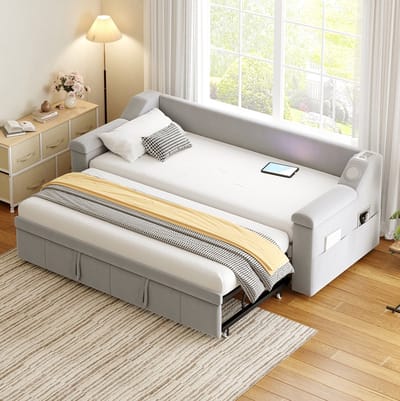 MEUNIQ slaapbank 90x190/180x190 cm met lattenbodem, Bluetooth stereo, USB-aansluiting en opbergvakken in armleuningen, grijs