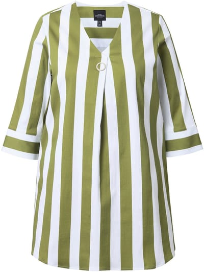 Ulla Popken - Dames - Blouse verticale strepen A-lijn V-hals 3/4-mouwen - Avocadogroen - Maat 42+