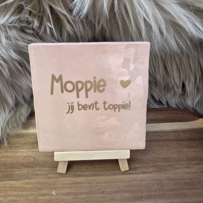 Robuust wenstegeltje – Moppie Jij Bent Toppie – Hip trendy tegeltje – Cadeau voor Nieuwe Woning, Housewarming of Gezinscadeau – Sfeervol en Persoonlijk - Vriend(in) – Trendy nu – Decoratief Tegeltje met Standaard – Cadeau Idee