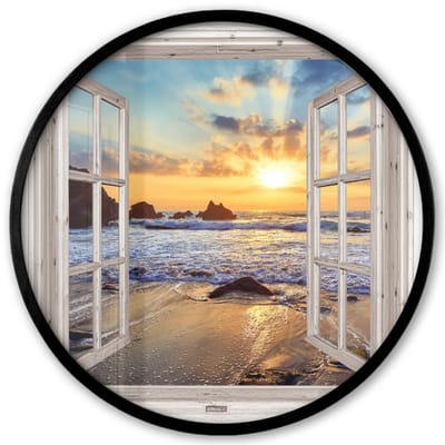 Poster in lijst Rond - Fotolijst 40x40 cm - Posters - Strand - Doorkijk - Zonsondergang - Landschap - Zee - Natuur - Ronde posterlijst zwart - Decoratie - Wanddecoratie woonkamer - Muurdecoratie slaapkamer