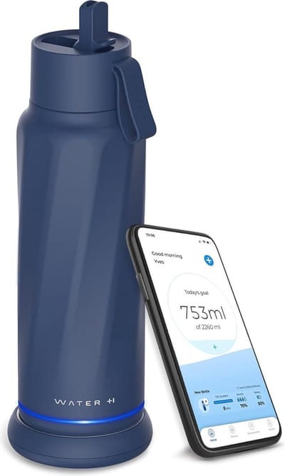WaterH VITA - Slimme Waterfles met Water Tracker - LED verlichting - Roestvrij staal - Flip Deksel + Rietje - 530ml - Magnetite Blue