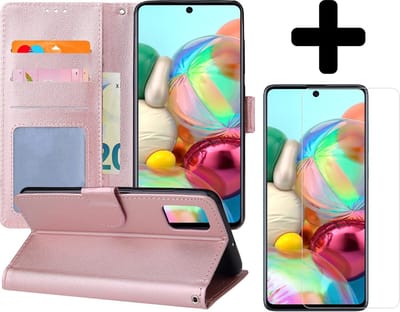 Hoesje - Met Screenprotector - Geschikt voor Samsung Galaxy A71 - Luxe Pasjeshouder - Flipcase - Bookcase Portemonee - Flip Case - Kunstleer Book Case - Book Cover - Walletcase - Portemonneehoes - Telefoonhoes - Rosé goud