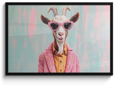 Poster in lijst - Fotolijst 90x60 cm - Posters - Zonnebril - Roze - Geit - Horen - Posterlijst zwart - Decoratie - Wanddecoratie woonkamer - Muurdecoratie slaapkamer