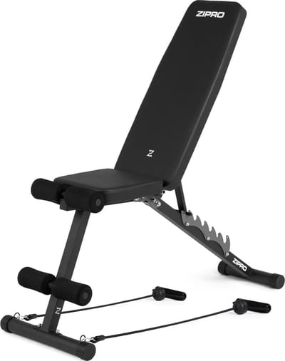 ZIPRO® Tempo Multifunctionele opklapbare halterbank met expanders - Buikspierbank Fitness - Workout Bank - Verstelbare trainingsbank als schuine bank - Voor Beginners en Professionele sporters - Duurzaam en Comfortabel