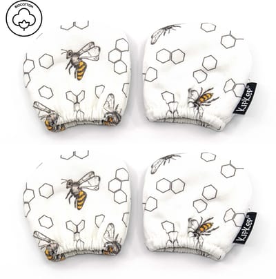 KipKep Baby wantjes (ook Antikrab) - 2 paar - Eco Bee Special - bio-katoen jersey (GOTS), wit - Voordeelpak