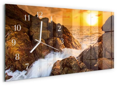 Tulup Wandklok - Zonsondergang Glazen Klok Met Print - 60x30 cm - Oranje Moderne Glazen Wandklok - Witte Handen - Rechthoekige Wandklok - Wandklok Glas Met Motief - Decoratieve Glazen Klok