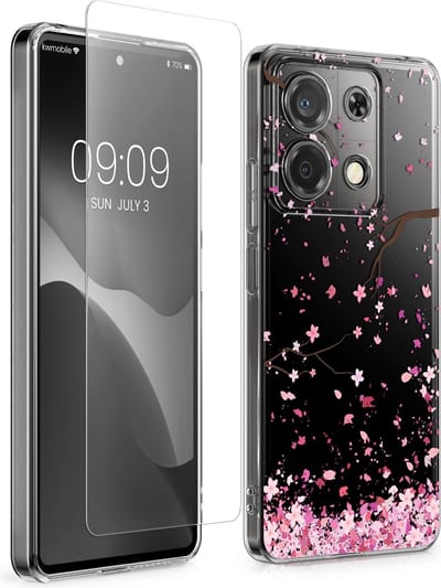 kwmobile telefoonhoesje geschikt voor Xiaomi Redmi Note 13 5G hoes - Telefoonhoesje voor smartphone - Telefoon cover - Met glazen schermbeschermer - Kersenbloesembladeren design