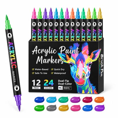 Dubbelzijdige glitter acrylmarkers - set van 12 stuks in 24 kleuren - geschenkverpakking