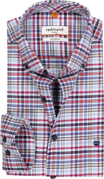 Redmond comfort fit overhemd - Oxford - blauw met wit - rood en kaki geruit