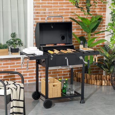 MEUNIQ houtskoolgrill met deksel 120 x 64 x 114 cm, grillwagen met 2 grillroosters, warmhoudrooster, inklapbare zijtafels, onderrek en wielen, zwart
