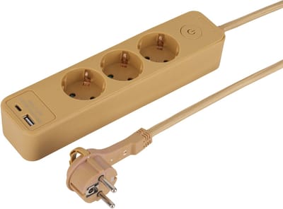 Q-Link stekkerdoos - 3-voudig - randaarde - plat - USB A/C - 1.5 m - 3 x 1.5 mmÂ² - textiel - mat goud
